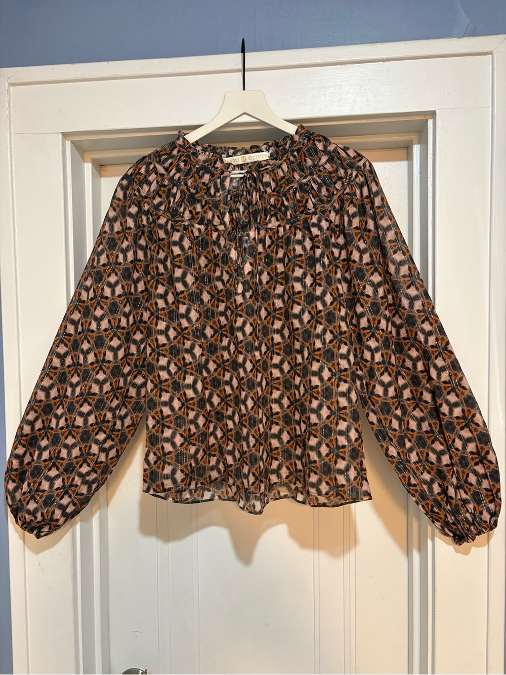 Marie Oliver Gauzy Printed Blouse Size Small Metallic Silk Cotton Blend Shirred